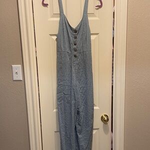 Light Blue Button-Front Linen Blend Jumpsuit